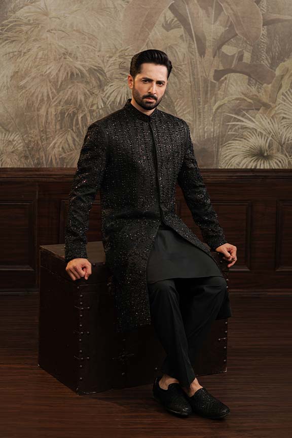 ER - 105 Black Jacquard Embroidered Sherwani 1