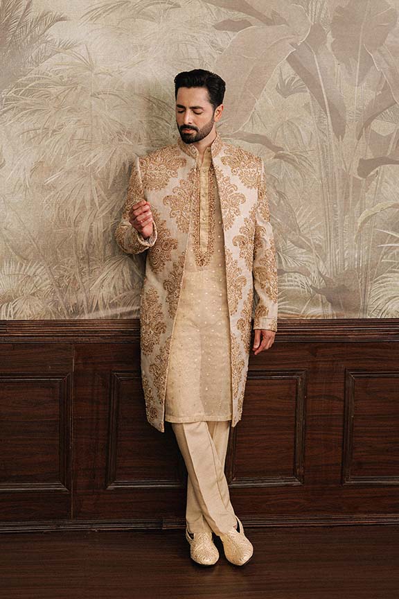 ER -104 Champagne Gold Jacquard Sherwani 1