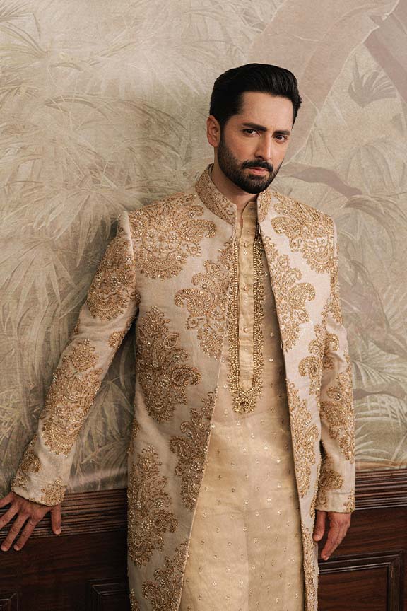 ER -104 Champagne Gold Jacquard Sherwani 1