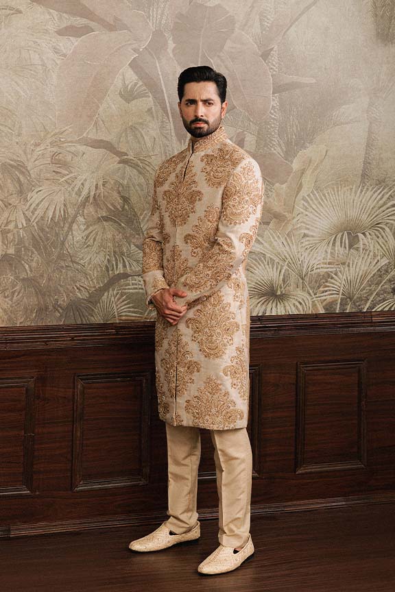 ER -104 Champagne Gold Jacquard Sherwani 1