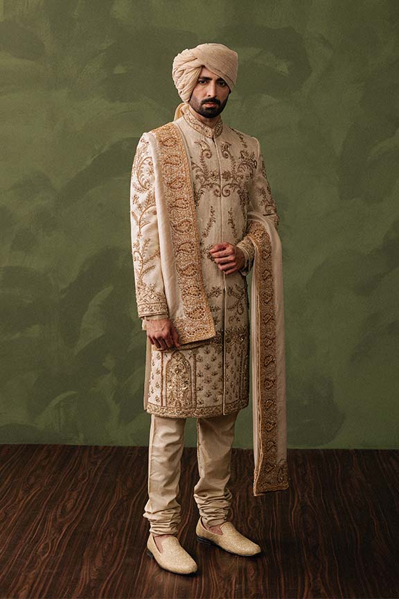 ER - 106 Champagne Gold Jacquard Sherwani 2
