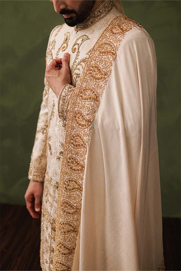ER - 106 Champagne Gold Jacquard Sherwani 2