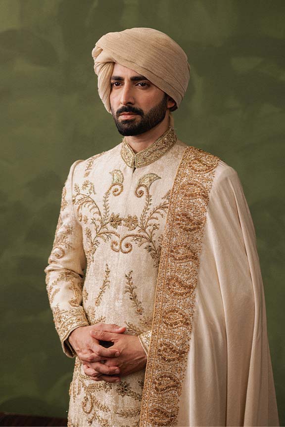 ER - 106 Champagne Gold Jacquard Sherwani 2