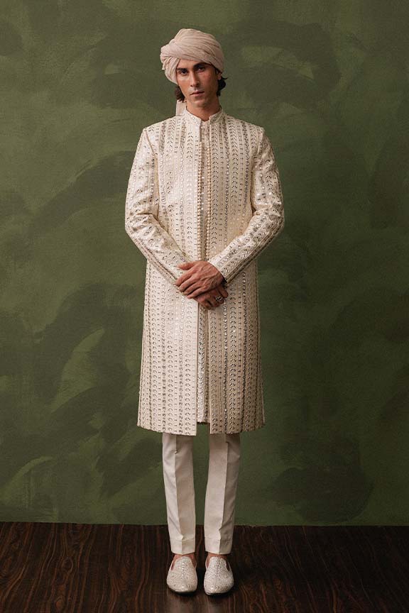ER - 117 Off White Cream Jacquard Front Open Sherwani