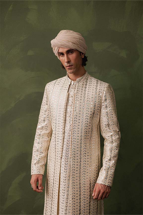 ER - 117 Off White Cream Jacquard Front Open Sherwani