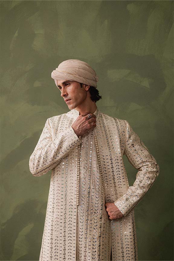 ER - 117 Off White Cream Jacquard Front Open Sherwani
