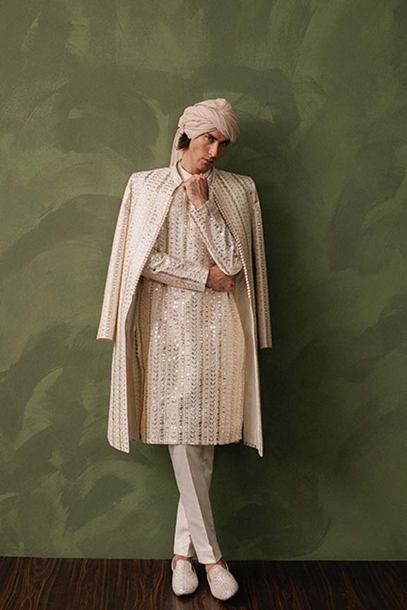 ER - 117 Off White Cream Jacquard Front Open Sherwani