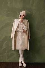 ER - 117 Off White Cream Jacquard Front Open Sherwani