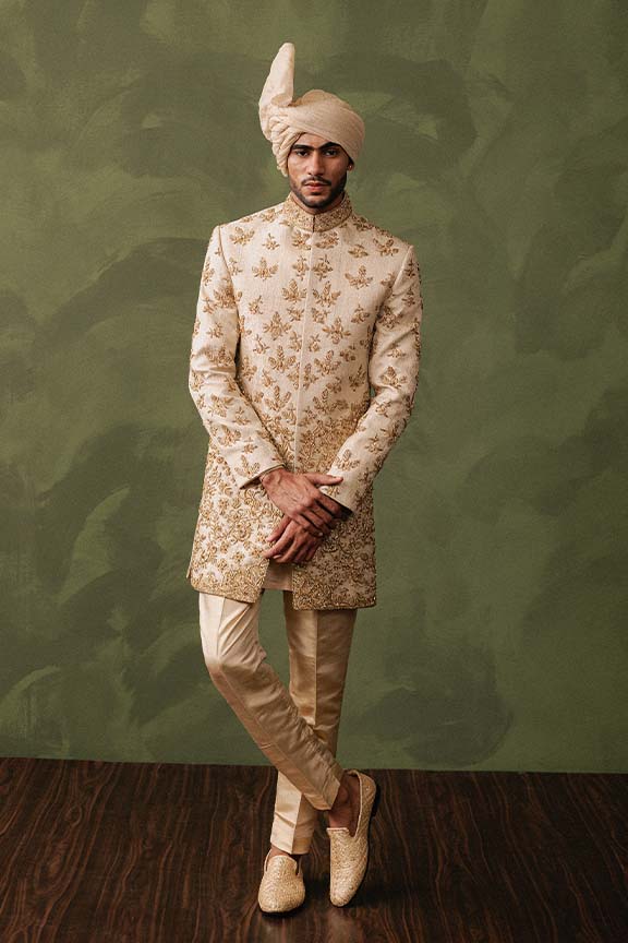 ER -107 Champagne Gold Jacquard Embroidered Sherwani