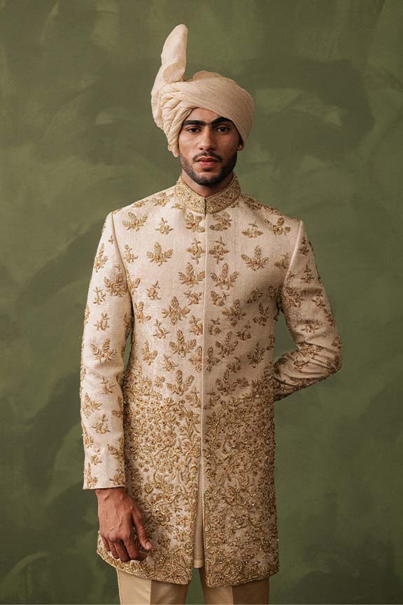 ER -107 Champagne Gold Jacquard Embroidered Sherwani