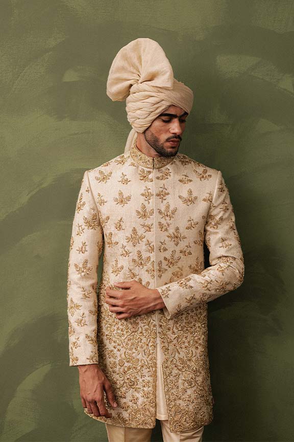 ER -107 Champagne Gold Jacquard Embroidered Sherwani