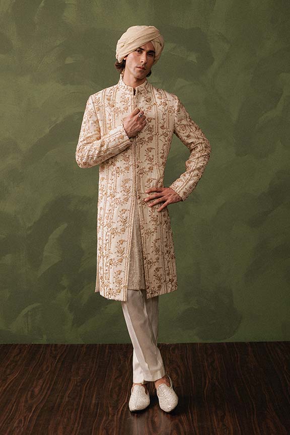 ER - 108 Ivory Off White Embroidered Sherwani