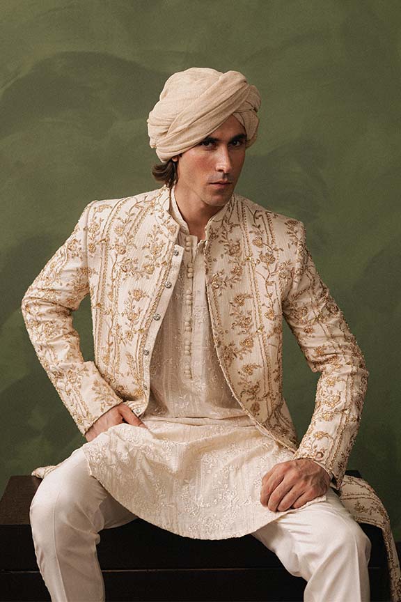 ER - 108 Ivory Off White Embroidered Sherwani