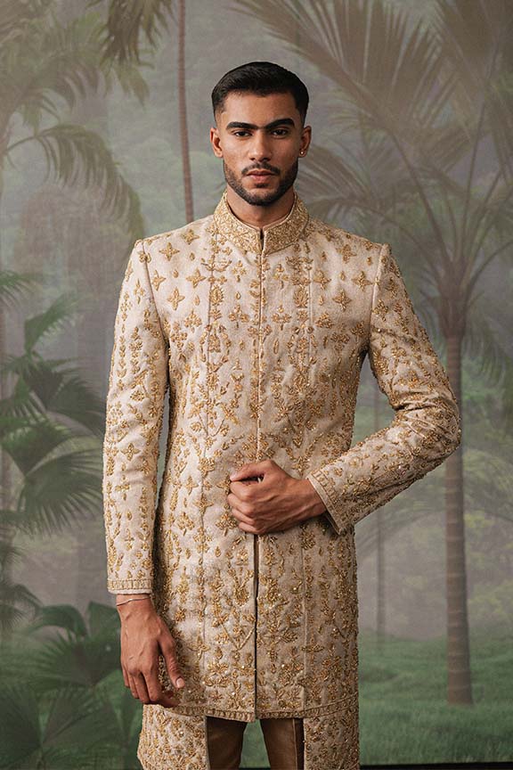 ER - 109 Champagne Gold Jacquard Sherwani