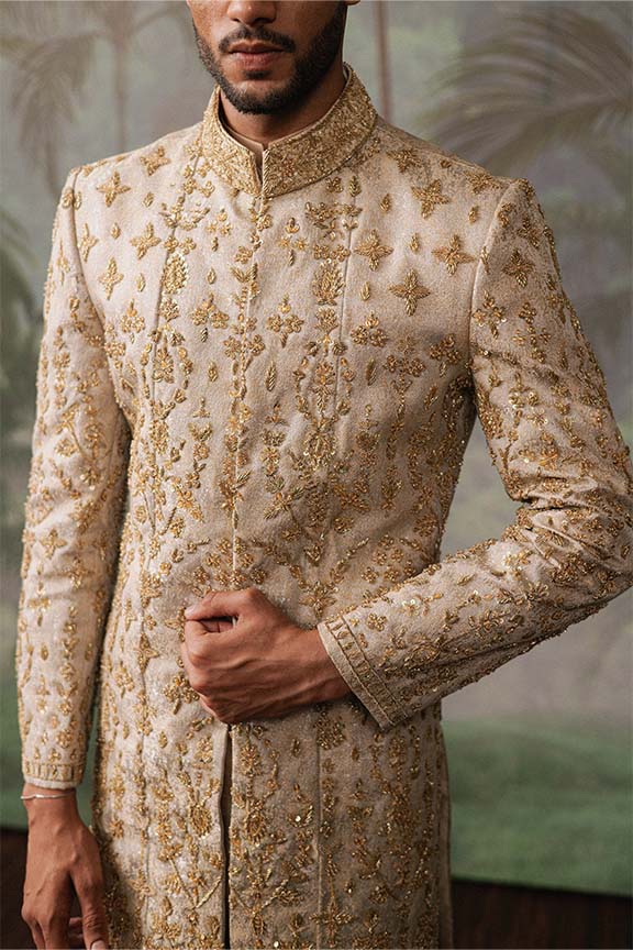 ER - 109 Champagne Gold Jacquard Sherwani