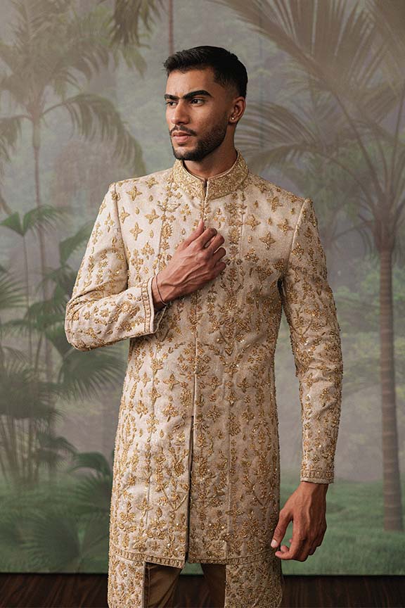 ER - 109 Champagne Gold Jacquard Sherwani