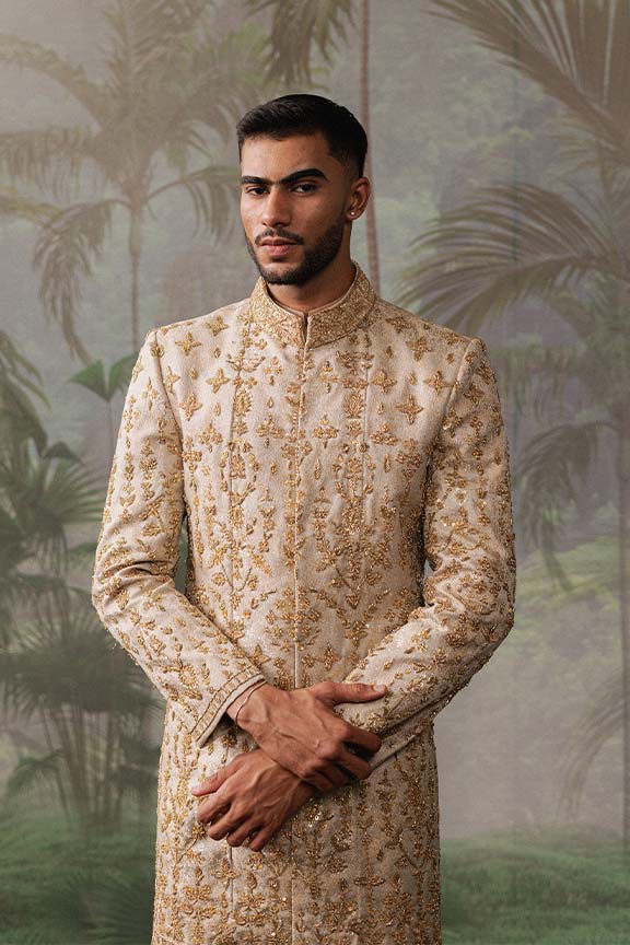 ER - 109 Champagne Gold Jacquard Sherwani