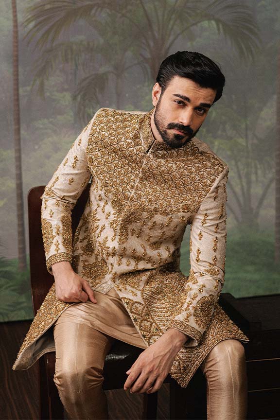 ER - 110 Copper Gold Jacquard Embroidered Sherwani