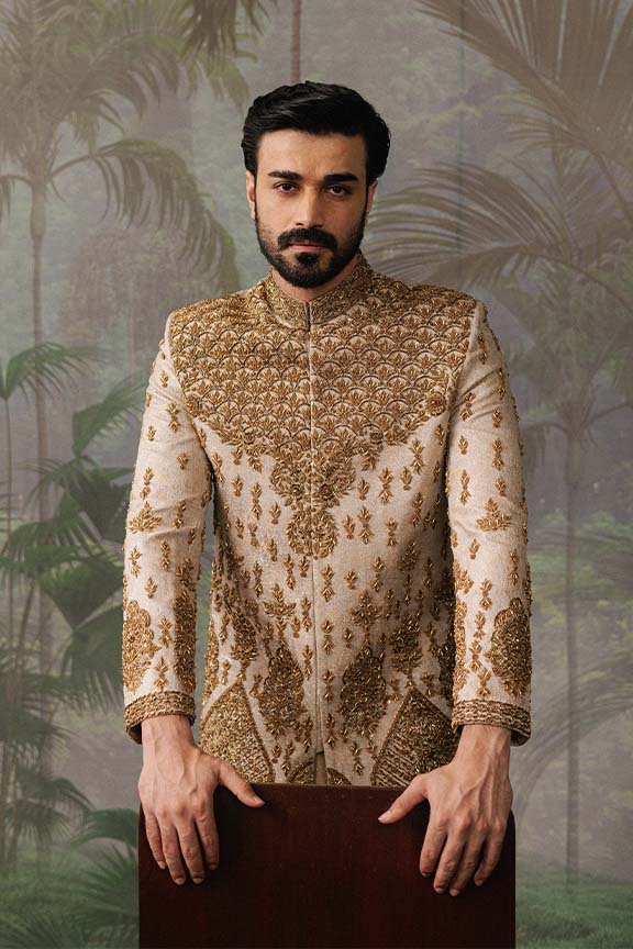 ER - 110 Copper Gold Jacquard Embroidered Sherwani