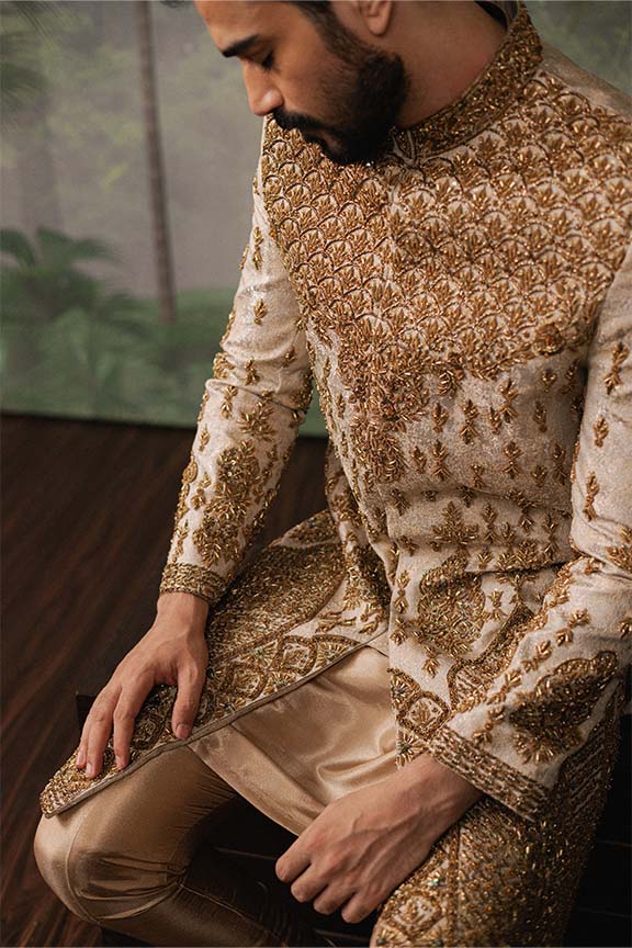 ER - 110 Copper Gold Jacquard Embroidered Sherwani