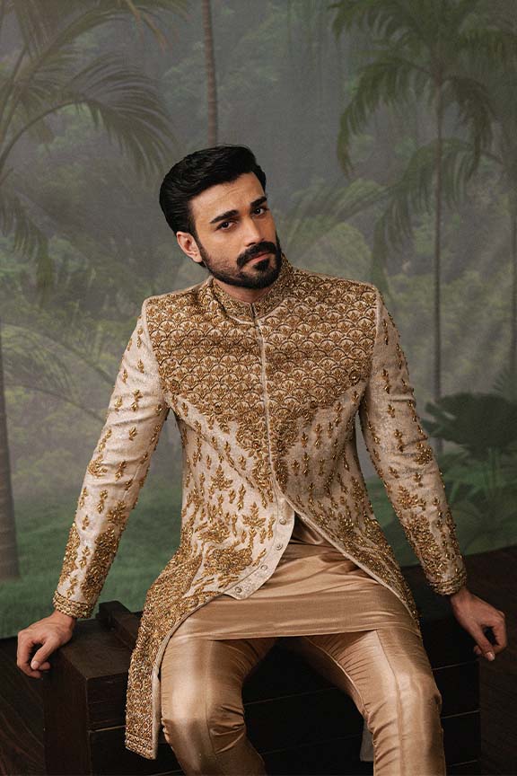 ER - 110 Copper Gold Jacquard Embroidered Sherwani