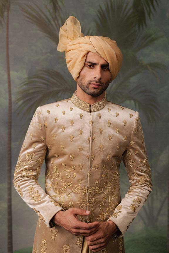 ER - 111 Champagne Gold Velvet Embroidered Sherwani
