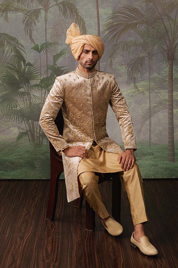 ER - 111 Champagne Gold Velvet Embroidered Sherwani