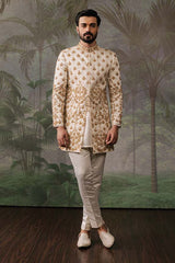 ER - 112 Off White Jacquard Embroidered Short Sherwani