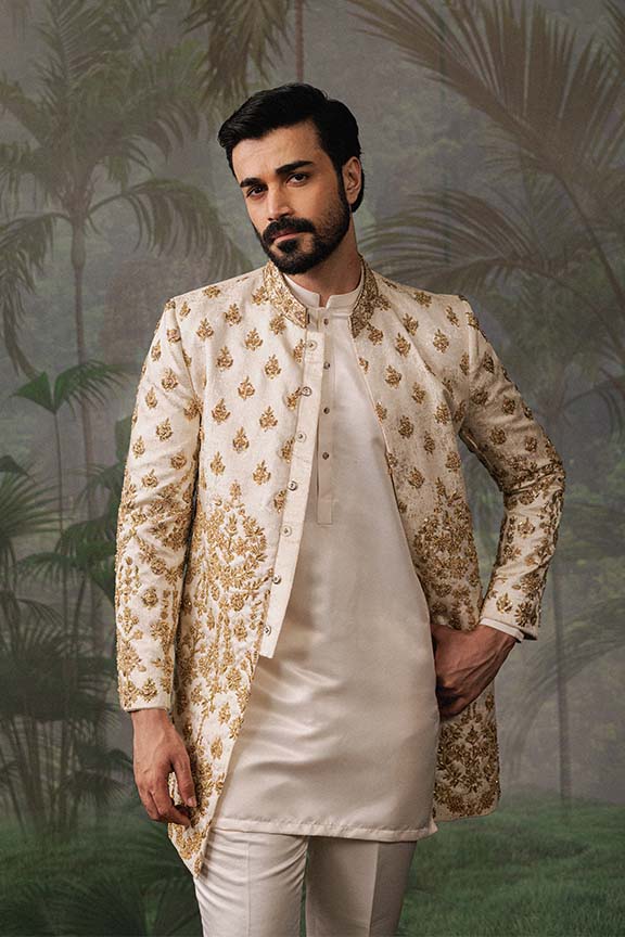 ER - 112 Off White Jacquard Embroidered Short Sherwani