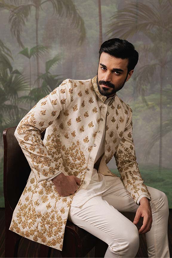 ER - 112 Off White Jacquard Embroidered Short Sherwani