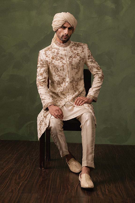 ER - 113 Champagne Gold Jacquard Sherwani 3