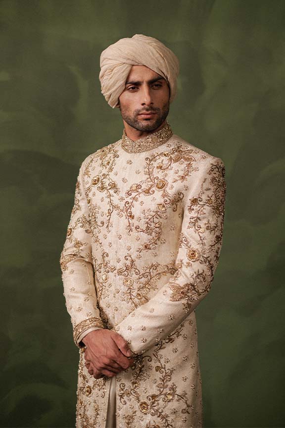ER - 113 Champagne Gold Jacquard Sherwani 3