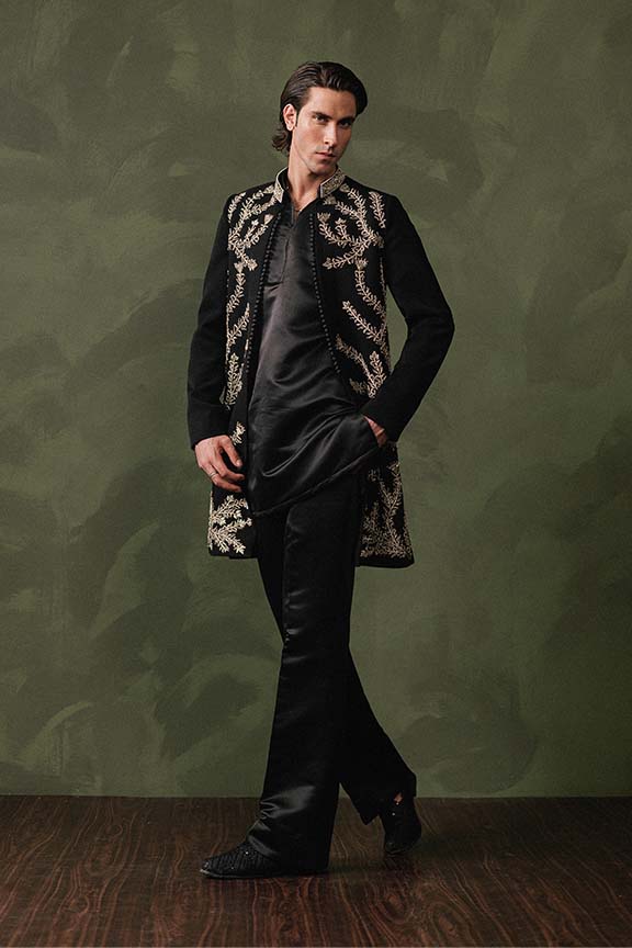 ER - 116 Black Jacquard Front Open Embroidered Sherwani