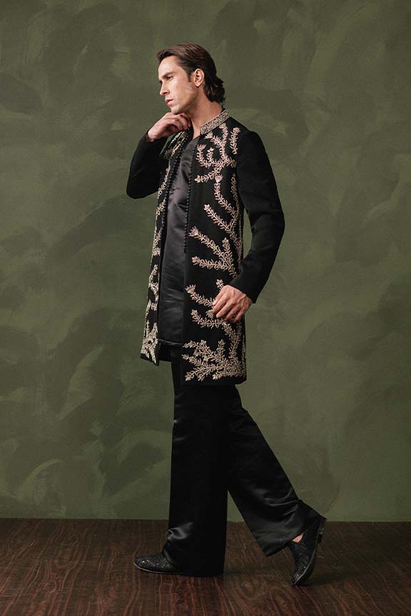 ER - 116 Black Jacquard Front Open Embroidered Sherwani