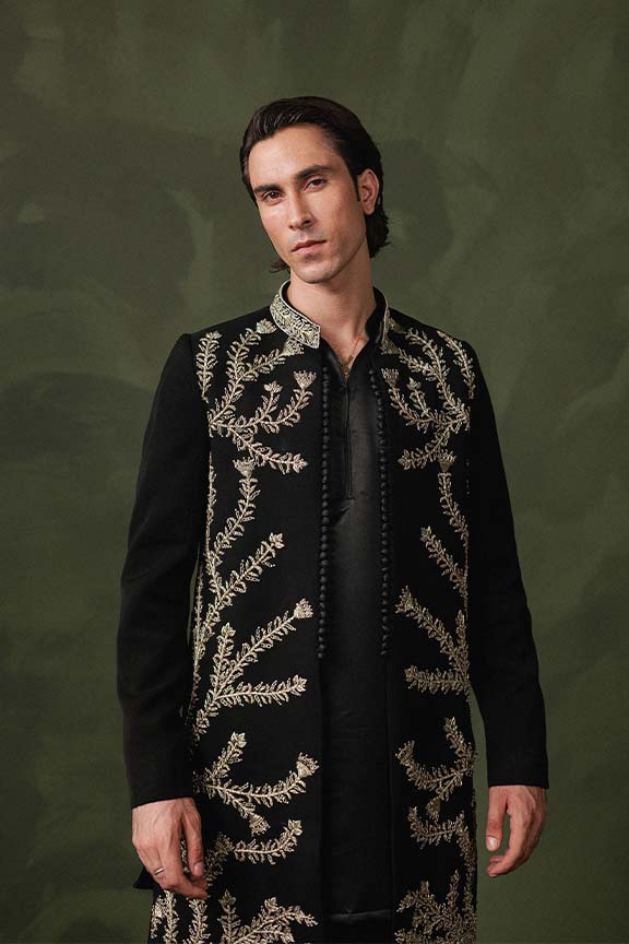 ER - 116 Black Jacquard Front Open Embroidered Sherwani