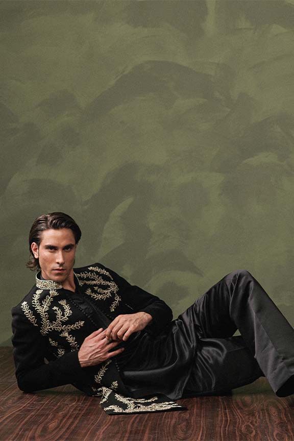 ER - 116 Black Jacquard Front Open Embroidered Sherwani