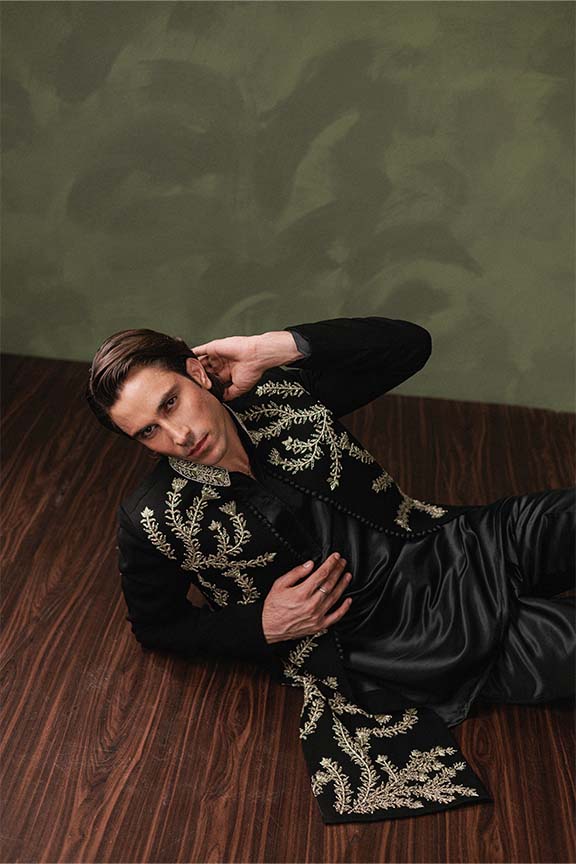 ER - 116 Black Jacquard Front Open Embroidered Sherwani