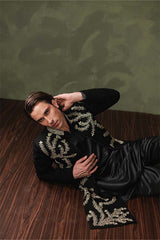 ER - 116 Black Jacquard Front Open Embroidered Sherwani