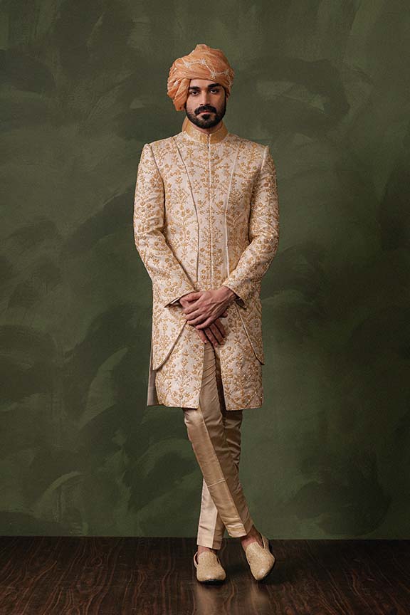 ER - 114 Champagne Gold Jacquard Sherwani 4