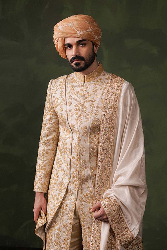 ER - 114 Champagne Gold Jacquard Sherwani 4