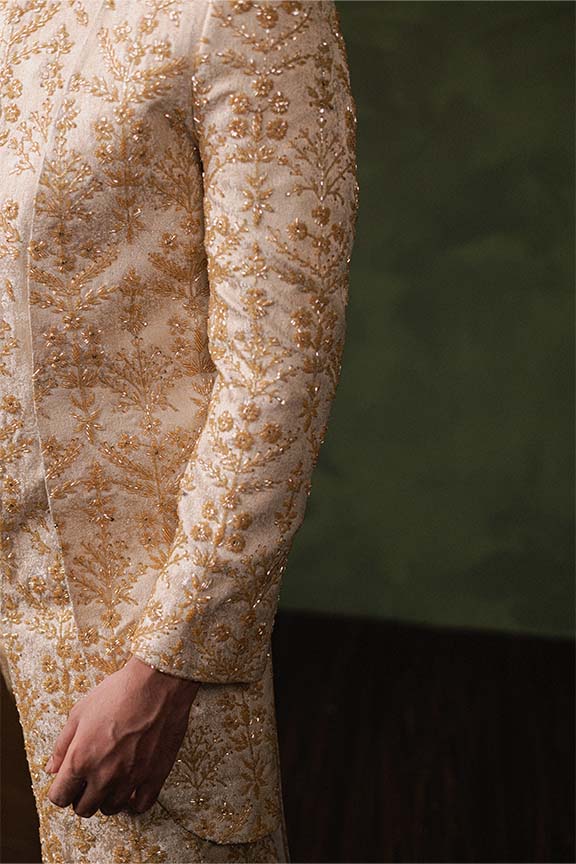 ER - 114 Champagne Gold Jacquard Sherwani 4