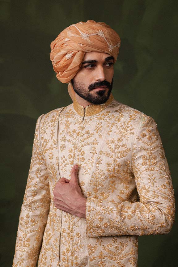 ER - 114 Champagne Gold Jacquard Sherwani 4