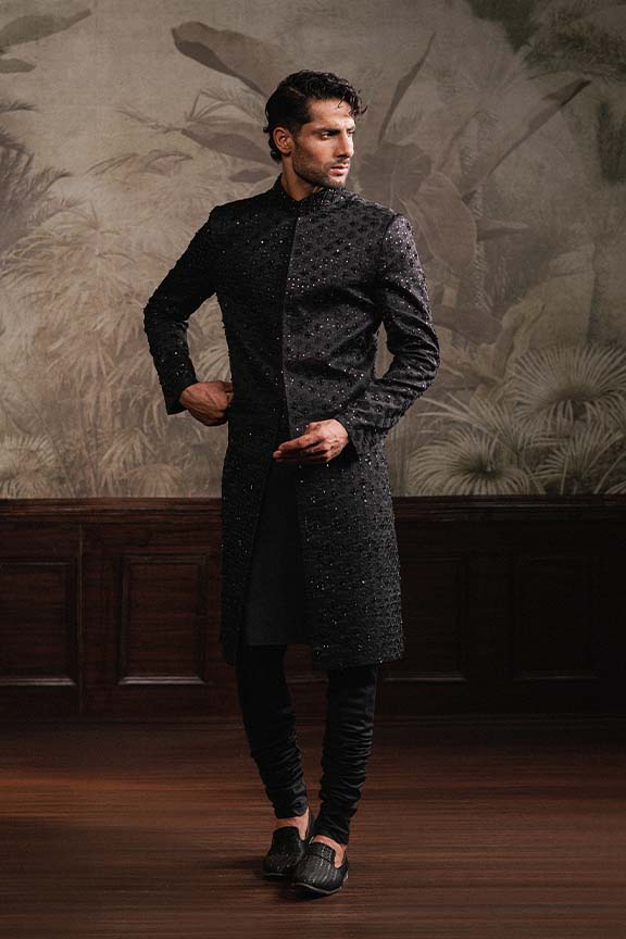ER - 115 Black Jacquard Embroidered Sherwani 2