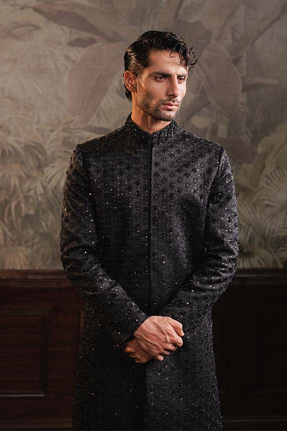 ER - 115 Black Jacquard Embroidered Sherwani 2