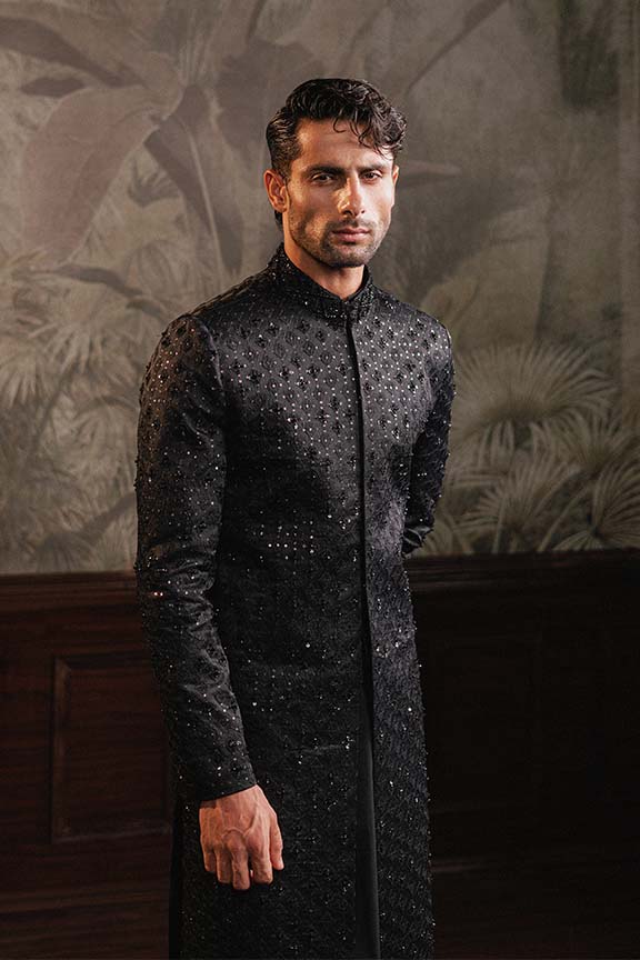 ER - 115 Black Jacquard Embroidered Sherwani 2