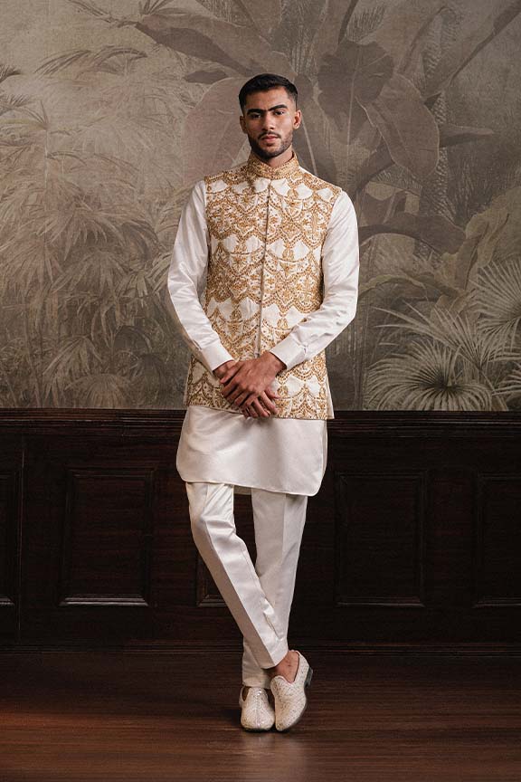 Off White Jacquard Embroidered Waistcoat