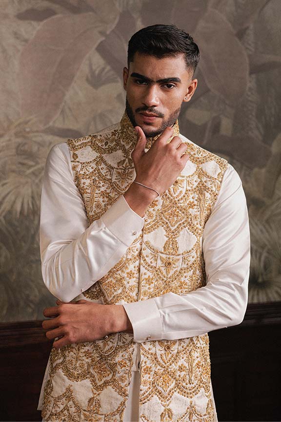 Off White Jacquard Embroidered Waistcoat