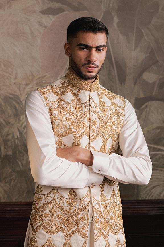 Off White Jacquard Embroidered Waistcoat