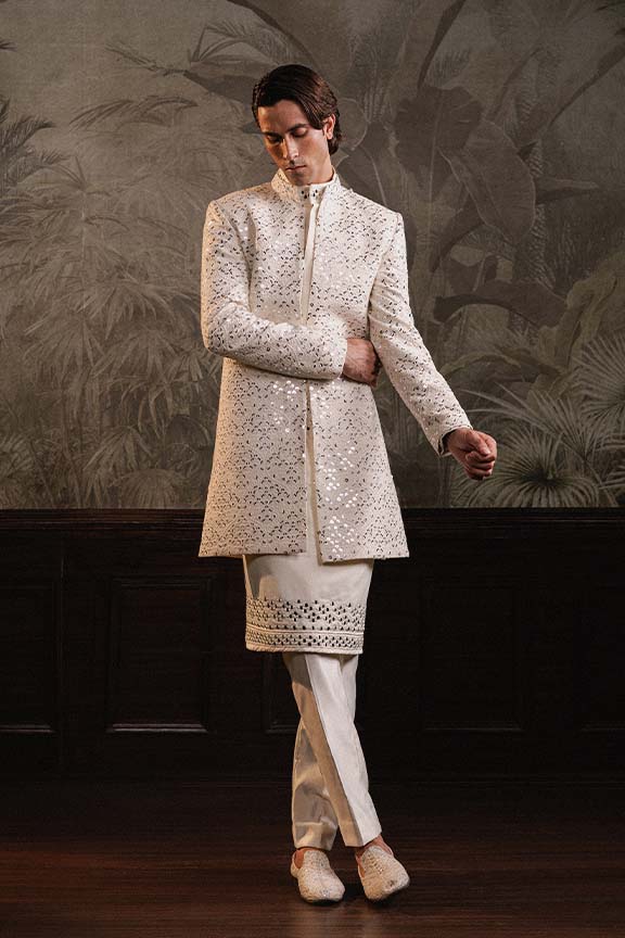 ER  -118 Milky White Mirror Embroidered Front Open Sherwani