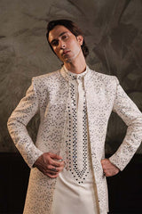ER  -118 Milky White Mirror Embroidered Front Open Sherwani